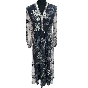 Johnny Was Olivia Madi Black Floral Silk Maxi Dress with V-Neck‎ Long Sleeve XS